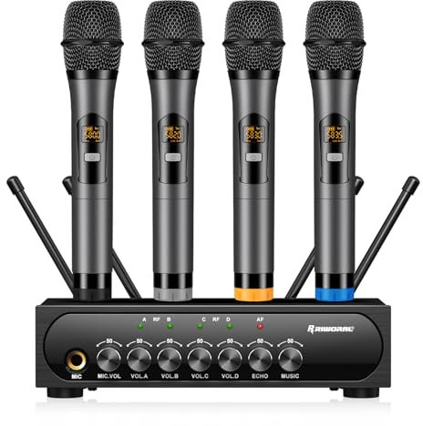 Riworal Wireless Microphone System Karaoke 4 Channel UHF Cordless Handheld Dynamic Mic with Bluetooth Receiver Box + Volume Control Echo Mic Work Range 165ft for Karaoke PA System DJ Mixer Party