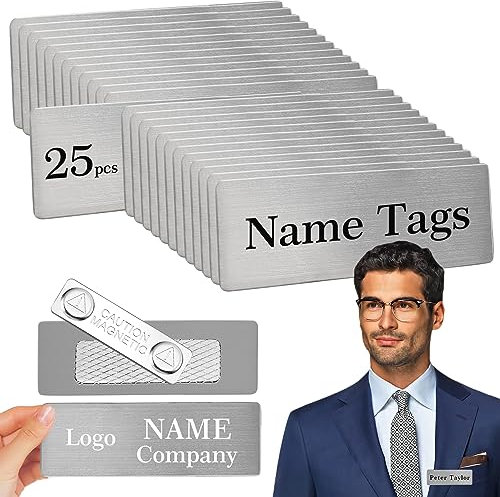 Leere magnetische Namensschilder für Kleidung, Edelstahl, langlebig, DIY-ID-Namensschilder-Set mit personalisiertem, starkem Magnet, Büro- und Schulbedarf, 2,5 x 7,1 cm, silberfarben, 25 Stück