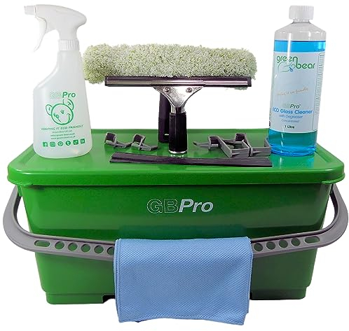 GBPro 25cm Window Cleaning Kit Pro Set-10 in 1-Bucket 24L +watertight sealed lid +Window Squeegee +T Bar +Microfibre Wash Sleeve + Rubber Blades +Glass cloth +Glass Cleaner +Spray Bottle +hangers