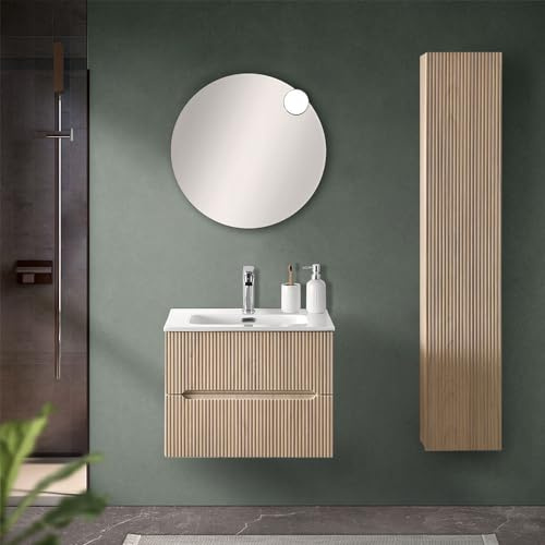 Inbagno Mobile Bagno Sospeso Cannettato 60 Cm Rovere Chiaro Con 2 Cassetti Soft-Close, Lavabo In Ceramica E Specchio Tondo A Filo 60 cm, BALI