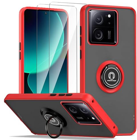 LYZXMY Funda para Xiaomi 13T/13T Pro 5G Rojo con Soporte de Anillo + 2 x Protector de Pantalla de Vidrio Templado,PC +TPU A Prueba de Golpes Anti-arañazos Funda del teléfono Cubierta