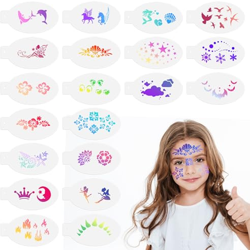 DSLSQD 20 STK Tattoo Schablonen Kinder,Wiederverwendbare Schablonen Körperbemalungsschablonen,Schminkschablonen für Gesicht Kreativität Temporäre Tattoo Schablone für Urlaubparty Halloween Maskerade
