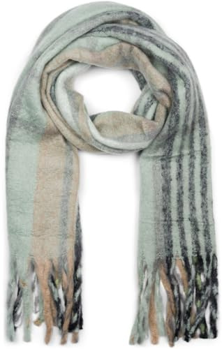 styleBREAKER Femme écharpe en maille avec motif à rayures et longues franges épaisses, chaude écharpe d'hiver multicolore 01017157, couleur:Vert tilleul-noir-beige