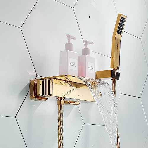 XJTNLB Badewannenarmatur Gold Wasserhahn Bad Wandmontage Wasserfall Mischbatterie Badewanne mit Brause Gold,B