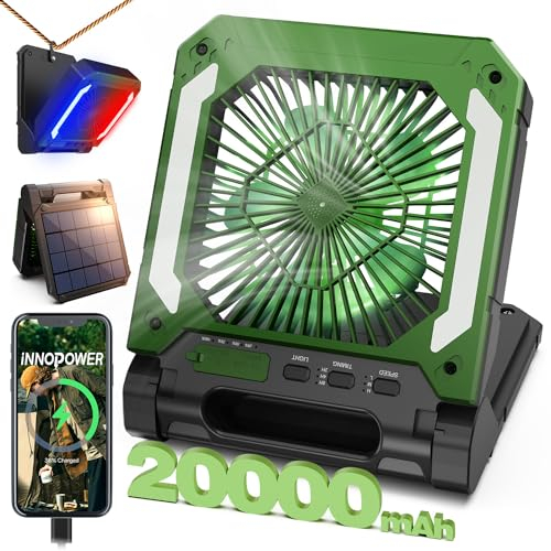 20000mAh Portable Fan Rechargeable with Solar Panel 2-in-1, 3 Speeds Cordless Battery Powered Fan with Led Lantern,Timer, Quiet USB-C Table Fan for Travel Tent Hurricane Office Home Bedroom(Green)