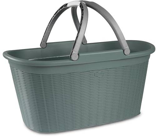 Wäschekorb 35 Liter grün mit 2 Henkeln - 57,5x37x29 cm Rattan-Design ohne Löcher - aus recyceltem Kunststoff Haushaltskorb Wäschewanne Tragekorb Wäschesammler Wäschesortierer Wäschebox - Aufbewahrung