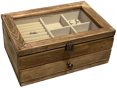 GOOPEEG Ohrring-Aufbewahrungsbox Schmuckschatulle Massivholz Retro Distressed Holz Schmuck Organizer Box Mit Durchsichtigem Deckel Doppelschicht Schmuckschatulle Für Ringe Schmuck-Organizer