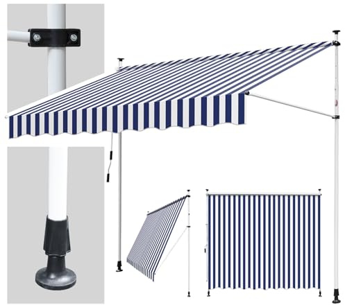 Hebitod Klemmmarkise Balkon ohne Bohren, 250cm breit, Markise mit Handkurbel, Sonnenschutz und wasserabweisend, höhenverstellbar Balkonmarkise, für Terrasse Balkon, einfache Montage, Blaue und Weiß