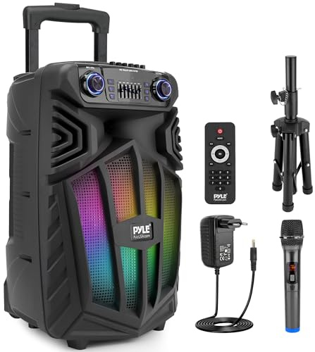 Pyle 1680 W bärbar Bluetooth-festhögtalare med mikrofon och LED-lampor – PA-högtalarsystem med subwoofer,USB SD FM-radio, uppladdningsbart batteri och hjul för fest, karaoke och utomhusbruk