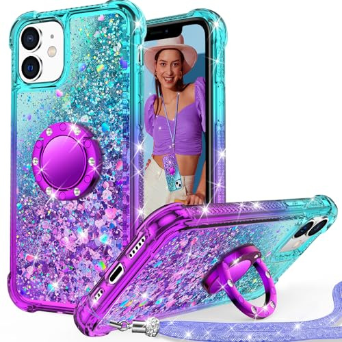 Unlicaku Glitter Case for iPhone 11, Ring Stand & Lanyard, Purple | Bling Sparkle Diamond Protective Phone Cover for Women Girls