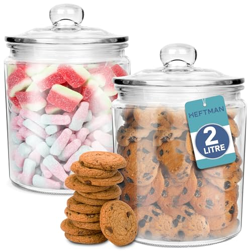 HEFTMAN Barattolo in vetro con coperchio, 2 barattoli vuoti da 2 litri con coperchio ermetico a pressione, robusti barattoli in vetro per dolci, caffè, zucchero, cialde per bucato (confezione da 2)