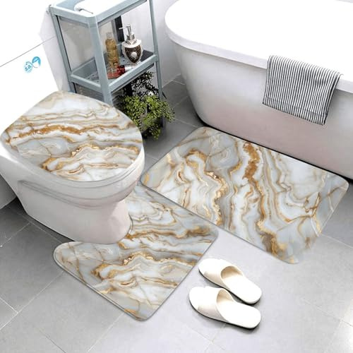 MAGIFUN Juego de 3 alfombrillas de baño de mármol dorado, juego de alfombras de baño abstractas con parte trasera de goma con contorno en forma de U para baño, baño, suelo, ducha, mármol blanco