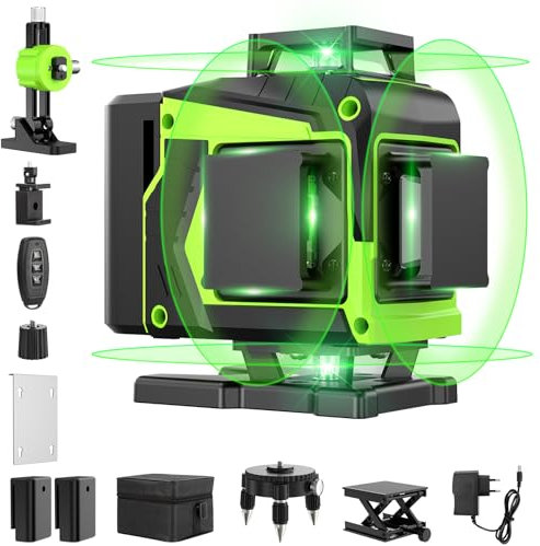 Kreuzlinienlaser Grün 16 Linien Nivellierlaser, 4 x 360 ° Laser wasserwaage, linienlaser kreuzlaser selbstnivellierend für Innenbereich Baustelle, 2 x Batterie Vermessungskabine