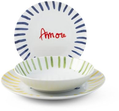 H&H, vaisselle 18 pièces Casa Amor, service de table complet pour 6 personnes, porcelaine, avec lettrage, lavable au lave-vaisselle