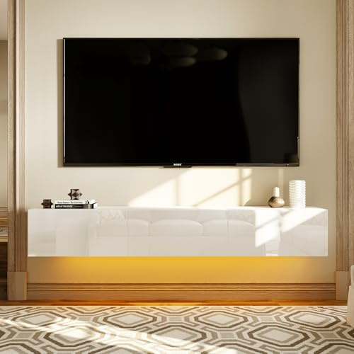 PREMTURE Lowboard mit Beleuchtung TV Schrank TV-Lowboard, Hängender TV-Ständer für Wohnzimmer, Zuhause, hängender Couchtisch, TV-Ständer weiß, MDF, 160 x 35 x 25 cm