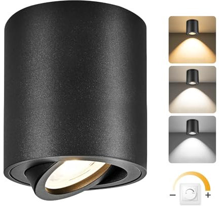 YindaLux Dimmable LED Surface Mounted Spotlight, Adjustable Ceiling Spotlights Ø80x84mm, Contains LED Module 230V, 3000K/4000K/6500K Aluminium Ceiling Light Bathroom Modern Round Black Spot Downlight