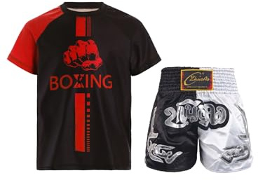 inhzoy Abbigliamento Sportivo da Boxe Bambino e Ragazzo Maglietta T-Shirt Pantaloncini Muay Thai MMA Completo Sportivo Allenamento Kickboxing Grappling Arti Marziali Rosso&Nero&Bianco 9-10 Anni