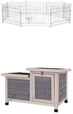 lionto Freigehege für Kaninchen aus robustem Metall, 59x38 cm, + lionto Kaninchenstall aus Holz 70x43x45 cm, wasserabweisendes klappbares Bitumendach & Kunststofffüße, Hasenstall innen & draußen