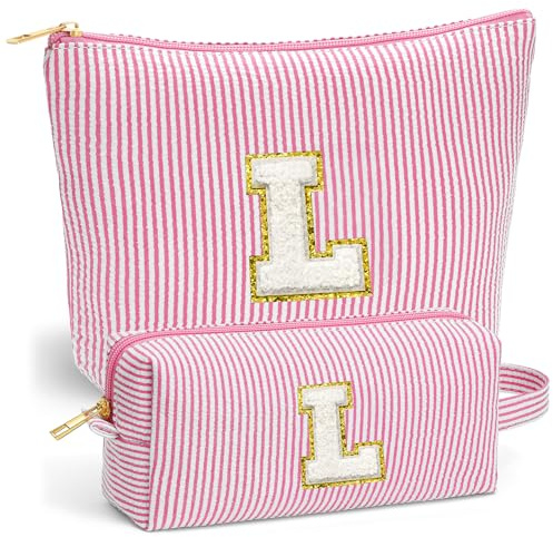 Fohufo Travel Toiletry and Makeup Bag - Travel Essentials for Women, Pink Initial Makeup Bags for Hair Ties, Clips, Brushes, Sponges, Lipsticks, Blush, Eyelash Curler, Easy to Carry, Pink Letter L