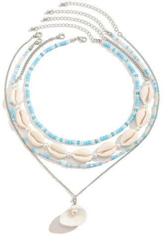 Vspek Collier Coquillage Bracelet Femme, Boheme Collier à Breloques, Colliers Pendentif, Étoile de mer Bracelet, Bijoux Tendance Empilés, Bijoux de Plage d'été pour Femmes et Filles, Bleu Blanc