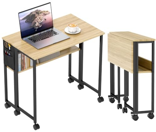 HOMCOM Klappbarer Schreibtisch auf Rollen, Computertisch 80 x 50 cm mit Regal und Aufbewahrungstasche, Lerntisch für Home Office, Schlafzimmer, kleine Räume, Eiche