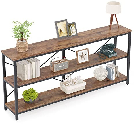 Tribesigns Konsolentisch Schwarz, Schmaler Holz Konsolentisch mit 3 Ebenen Bücherregal, Sofatisch im Industriestil mit Metallrahmen für Wohnzimmer und Flur (180 * 30 * 90CM, Vintagebraun-schwarz)