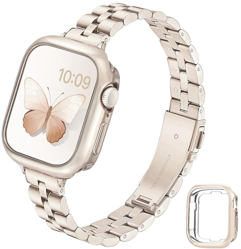 G-ficu Slim Metal Straps with Case for Apple Watch Straps Women 45mm 44mm 42mm(S3), Stainless Steel Band with Protective Cover, iWatch Strap for Apple Watch Series 9 8 7 6 5 4 3 SE Strap, Starlight