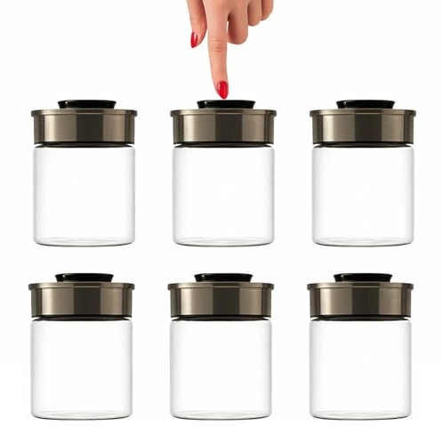 BURI Set di 6 barattoli sottovuoto in vetro da 700 ml | Contenitori per alimenti in vetro con coperchio in acciaio inox e meccanismo a clic sottovuoto | Ermetici, a prova di tarme, impilabili