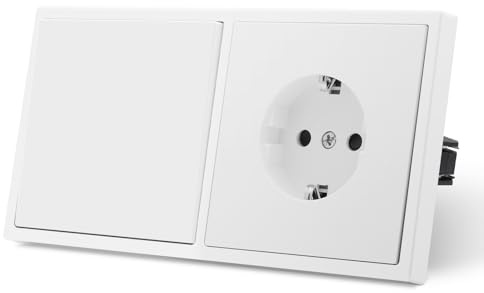 MVAVA Interruptor de luz empotrado, interruptor de luz estándar con enchufe Schuko 1 compartimento 2 vías, interruptor de pared de plástico 80mm x 150mm, blanco, serie M2