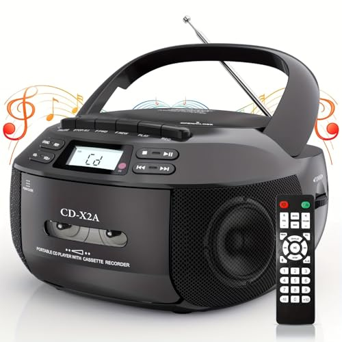 Boombox CD Player Portable Cassette Player with CD MP3 Bluetooth AUX TF/USB AM/FM Radio AC/DC Powered with Remote Control, Headphone Jack, Stereo Sound for Home,Kids,Gift(Black)