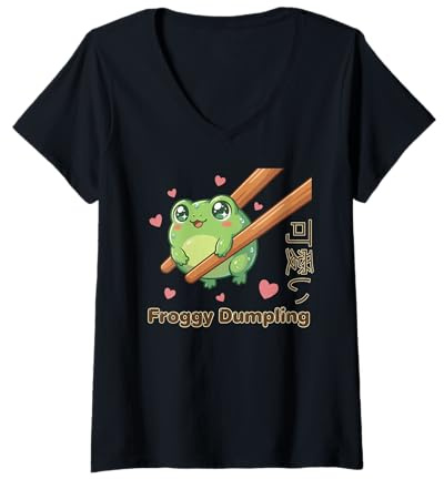 Mujer Lindo palillo Kawaii Rana Bola de Masa hervida Lindo Meme Rana Camiseta Cuello V