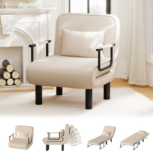 Ckaff Schlafsessel 4 in 1 mit Bettfunktion, Gästebettfür, Schlafsofa mit Bettfunktion, Sessel mit Schlaffunktion mit Verstellbar Rückenlehne für Wohnzimmer Schlafzimmer Balkon, Beige