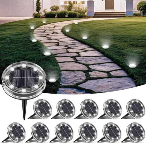 LOTMOS Lot de 12 Lampe Solaire Au Sol, 8 LED Lumiere Solaire Exterieur Jardin IP68 Étanche, Spot Solaire Extérieur pour Chemins Pelouse Terrasse Allée Cour Piscine Passerelle, Blanc Froid