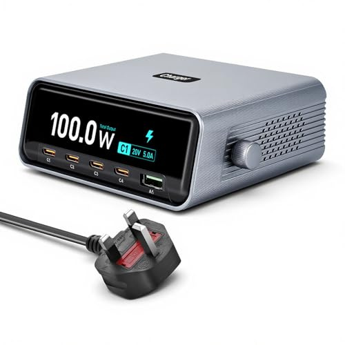265W USB C Fast Charger, 5 in 1 USB Charging Station Hub(4C+1A), 2.3 LCD Display & Smart Control Controller, MultiPort Laptop Charger Block Compatible with MacBook Pro/Air, i-Pad, iPhone, Galaxy S25