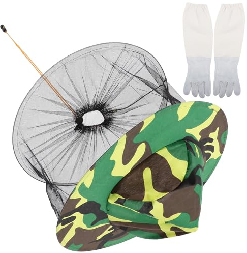 Ciieeo Set 3 Pezzi Apicoltura Cappello da Apicoltore Professionista Camouflage in Poliestere Velo Protettivo e Guanti Lunghi in Pelle di Capra, Cappello Pieghevole per Attività Outdoor