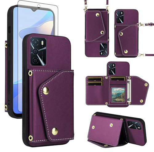 ELISORLI Wallet Case for OPPO A16/A16S/A54s with Tempered Glass Screen Protector Slim Flip Purse Shoulder Strap, Luxury PU Leather Card Holder Stand Cell Phone Cover for CPH2273 Women Men Deep Purple