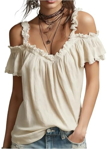 Generico Blusa in Cotone con Spalle Scoperte E Volant Casual Estivo per Uso Quotidiano Libero Cachi XL