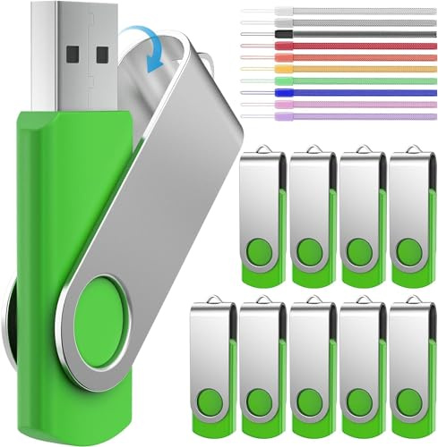 FEBNISCTE 256MB Speicherstick Packung mit 10 USB Sticks Einklappbarer Kleine Kapazität 256 MB Memory Stick Pendrive Grün USB Flash Laufwerk Datenablage Geschenk mit 10 Bunt Handgelenkseile