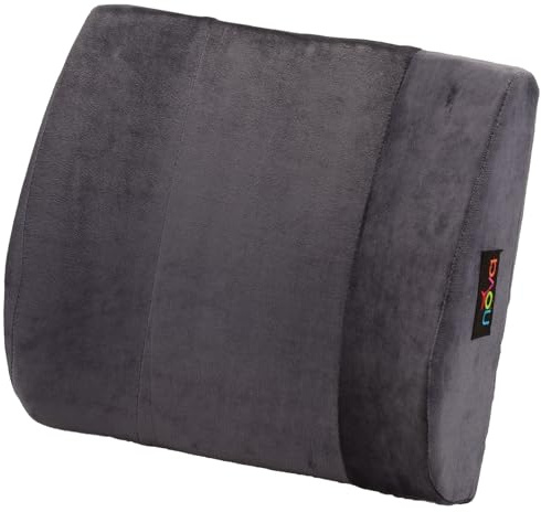 NOVA Lumbar Back Cushion – Contoured High-Density Foam Back Support Pillow for Office Chair, Car, Plane & Wheelchair, Adjustable Strap, Removable Washable Velour Cover, Charcoal Blue (14” x 13”)
