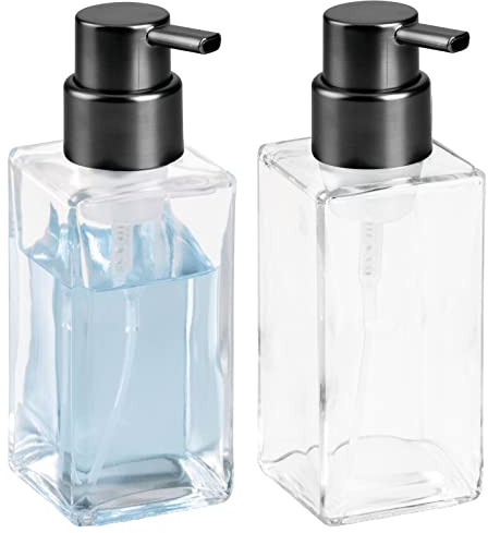 mDesign Glass Refillable Foaming Hand Soap Dispenser Modern Square Pump Bottle for Bathroom Vanities or Kitchen Sink, Countertops - 2 Pack - Clear/Black