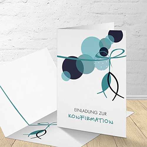 5 Karten zur Konfirmation mit passenden Umschlägen, Motiv Konfirmation an der Leine_türkis, Einladungskarten zur Konfirmation, Klappkarten im Set zu 5 Stk.
