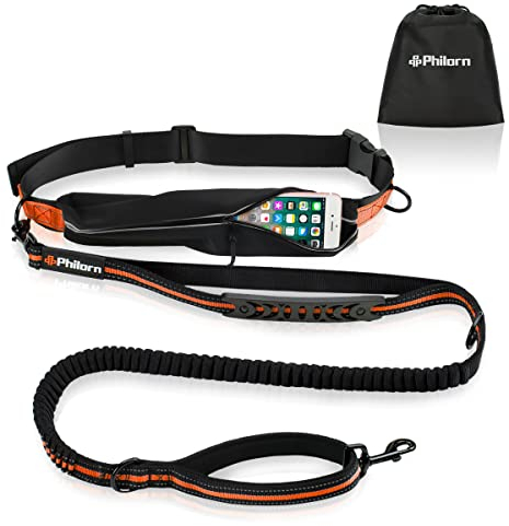 Philorn Freihand Hundeleine 120 Bis 170 cm mit Gürteltasche, Joggingleine Hunde, Freihandleine | Reflektierend zu 55KG, Verstellbare Taillengürtel, Doppelgriff-Bungees für Laufen, Gehen
