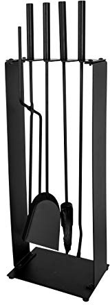 ADGO Kaminwerkzeug Modern 5-teiliges Kaminzubehör set 23,5 x 17 x 57 cm Ofenbesteck kaminbesteck: Schürhaken, Bürste, Kehrblech, Zange, Ständer, Edelstahl, schwarz lackiert
