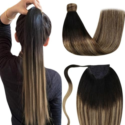 LaaVoo Echthaar Pferdeschwanz Extensions Ombre Braun Haar Zopf Extensions Echthaar Schwarz Ombre Braun Balayage Karamellblond Pferdeschwanz Haarteil Echthaar Natürliche 50cm #1b/4/27 80g