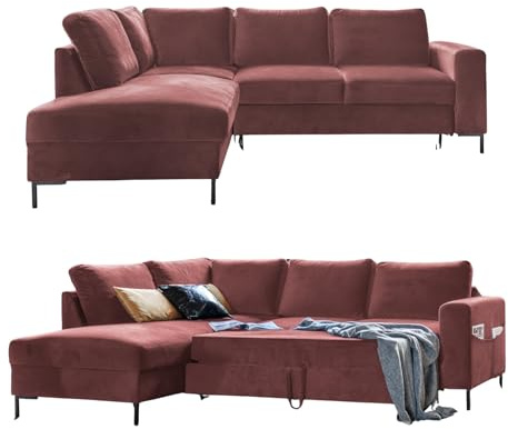 MIUFORM Lofty Lilly, 6er Ecksofa mit Schlaffunktion, Links, Koralle | Velour Schlafsofa mit Bettkasten, Sofa mit Schlaffunktion, 6 Sitzer Sofa L Form, 237x197x84cm, L Sofa Bed