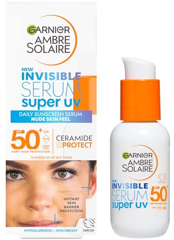 Garnier Ambre Solaire SPF 50+ Super UV Invisible Serum Moisturiser for Face, High Protection Against UVA & UVB, Sun Cream for all Skin Types, With Hyaluronic Acid, Vitamin E & Ceramides, Vegan, 30ml