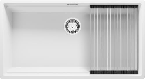 PRIMAGRAN Fregadero bajo Encimera al Mueble 90cm + Kit de desagüe, 86x47cm | Set: Kit de desagüe (sifón, válvula, rebosadero) + Enrollable Escurridor + Prague 90 Level 1 Seno para Cocina, Blanco