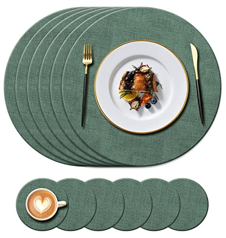 Round Faux Leather Place Mats(34cm) and Coasters(10cm), Green, Set of 6