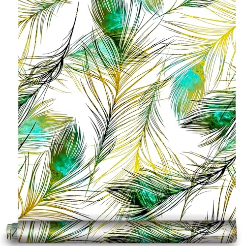 YIFU LIFE Feather Peel and Stick Wallpaper 17.7 x 9.8ft Green/Yellow Peacock Feather Contact Paper Removable Furniture Decor Sticker Self Adhesive Vinyl Decorative Film Shelf Liner for Home Decor