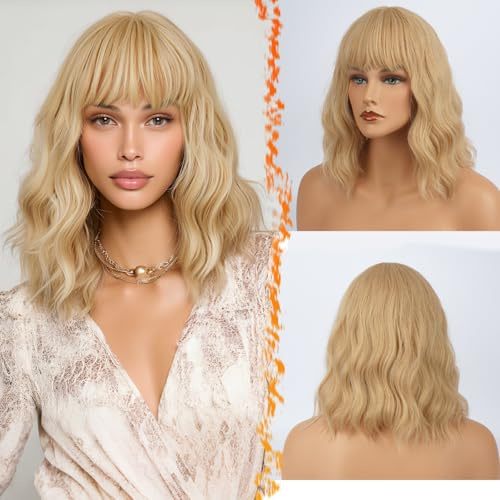 BARSDAR Kurze, gewellte blonde Perücke mit Pony, 35,6 cm, kurz, gewellt, Bob-Pony, Perücke für Damen, weiche Wellen, synthetische Schulterlänge, Tay Lor Perücken für den Alltag, Halloween, Blond